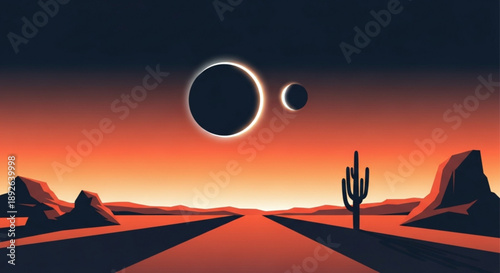 Desert landscape with cactus mountains and double eclipse at sunset sci fi background