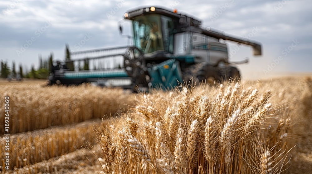 Fototapeta premium A large harvest machine cuts wheat in a field while dark clouds gather overhead during the late afternoon