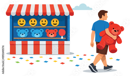 Flat design illustration of a man carrying a teddy bear prize depicting a carnival game booth for fair entertainment