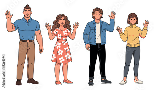 Diverse group of young adults waving in casual attire on white background