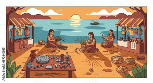Women crafting baskets and selling goods at a serene beachside market with a stunning sunset