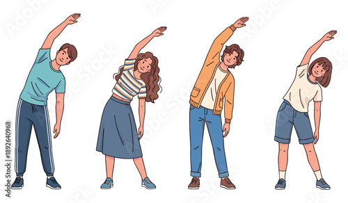 Group of young caucasian individuals exercising with side stretches