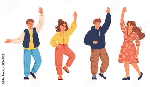 Diverse group of young adults celebrating with raised hands