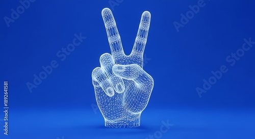 Wireframe of a hand making the peace sign V gesture on a vibrant blue background, symbolizing victory or communication.