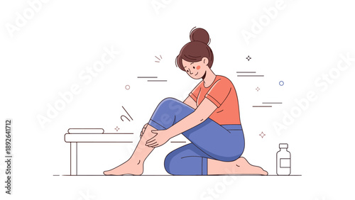 Asian female adult massaging sore leg muscles at home