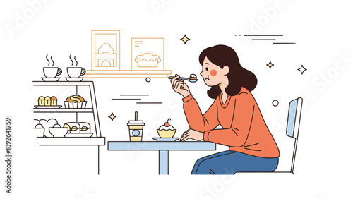 Young caucasian female enjoying dessert at a cozy café