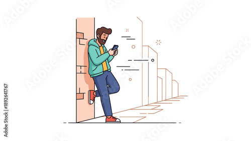 Young caucasian male using smartphone leaning against wall in urban setting