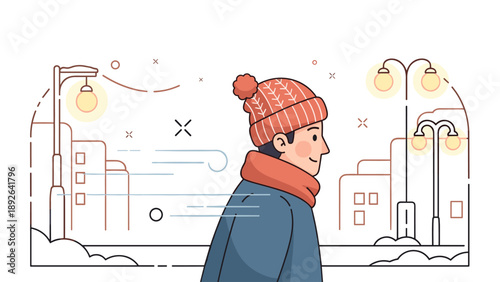 Caucasian male adult in winter clothing walking in urban park setting