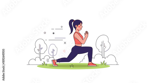 Young asian female exercising in nature: fitness and stretching in the park