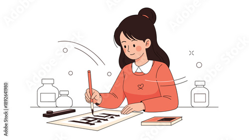 Young asian female practicing calligraphy with ink and brush