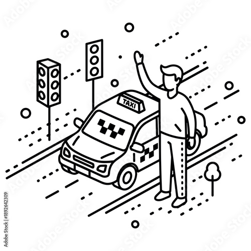 Line art of young male hailing taxi in urban setting with traffic lights