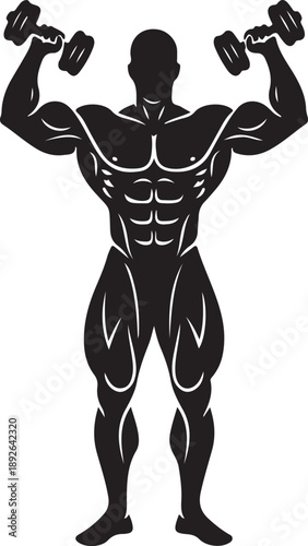 Muscular man flexing with dumbbells, showcasing strength and a powerful physique