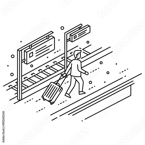 Line art of adult male walking with luggage on train platform