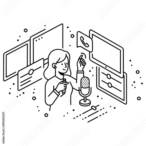 Female young adult engaging in podcasting or broadcasting with microphone and technology icons