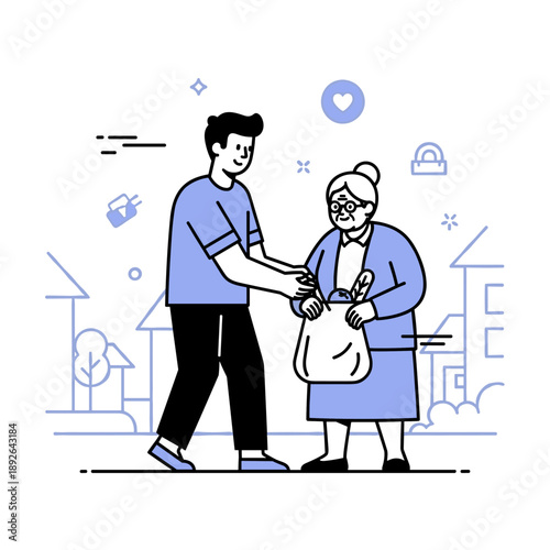 Young caucasian male helping elderly asian female with grocery bag outdoors