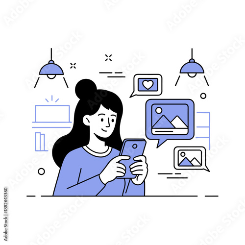 Young female engaged in smartphone activity with social media icons