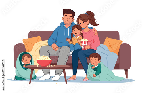 Family movie night: caucasian parents with kids enjoying popcorn on couch