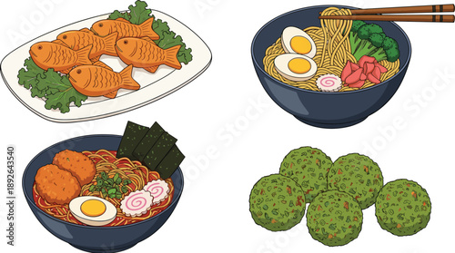 Japanese Culinary Vector Set Featuring Spicy Ramen with Seaweed, Traditional Miso Ramen, Taiyaki Fish Pastries, and Matcha Green Tea Dessert Balls for Restaurant Menu Designs