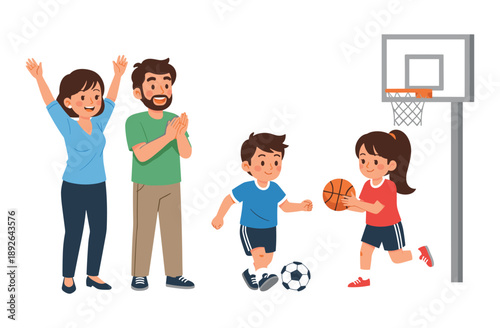 Happy family playing basketball and soccer outdoors, parents and kids having fun