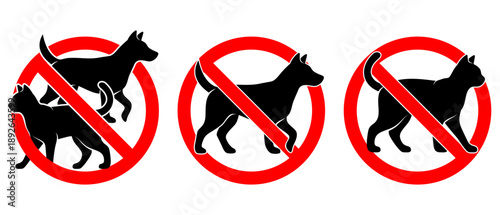 No Pets Signage Vector Graphic, Prohibited Dogs and Cats Entry Symbol, Red Circle Ban Icon with Black Animal Silhouettes, Isolated Warning Notice for Public Spaces and Private Properties.