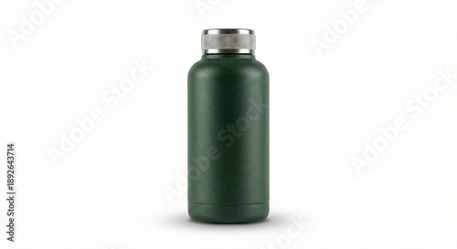 Matte dark forest green vacuum insulated thermal water bottle with stainless cap, isolated on white.