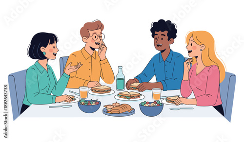 Diverse group of young adults enjoying a meal together at a table