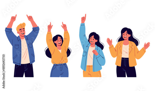 Group of young caucasian and asian adults celebrating with raised hands