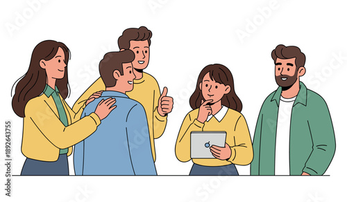 Group discussion among young adults with tablet and positive gestures