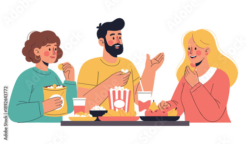 Young caucasian friends enjoying movie night with snacks and drinks