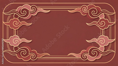 Lunar new year theme frame, Ornate frame with swirling clouds and curved lines on maroon background illustration