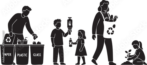 Community Recycling and Sustainability Silhouette with Labeled Bins and Planting Scene