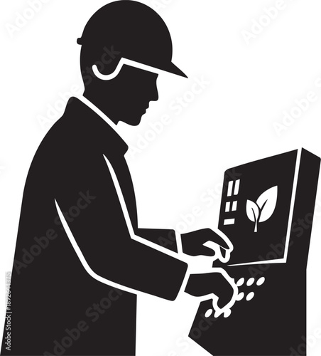Worker Silhouette Operating Eco-Friendly Industrial Control Panel