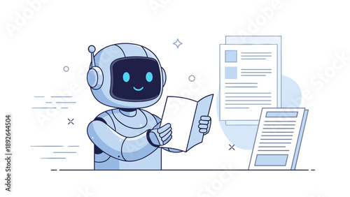 Cute robot reading a book amid digital documents and stars