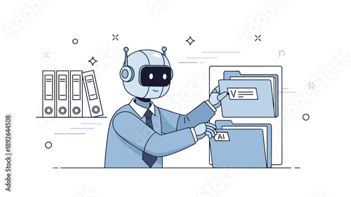 Cartoon ai robot sorting files in office setting with binders and musical notes