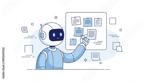Robot organizing notes on interactive digital board with efficient workflow illustrations