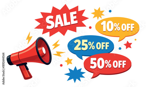 Modern colorful graphic promotion elements set featuring a megaphone, sale tag, and percentage off offers for marketing and advertising campaigns