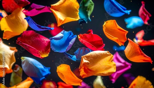 Vivid, colorful petals floating against a dark backdrop, creating an abstract, dynamic display