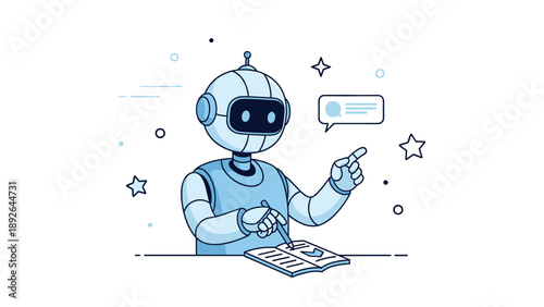 Cute robot reading and chatting with speech bubble and stars