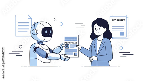 Robot and female recruiter reviewing portfolio in office setting