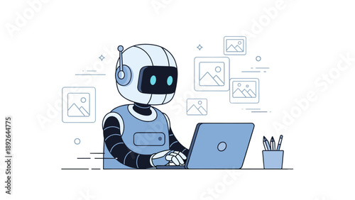 Cartoon robot working on laptop with headset in futuristic setting