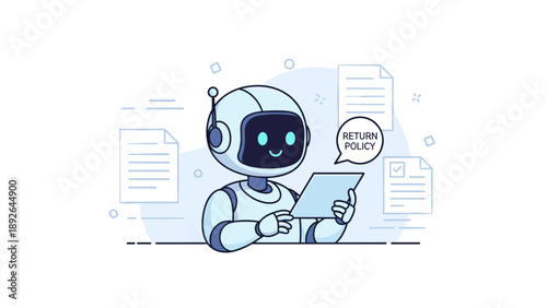 Cute robot offering support on return policy with documents and tablet