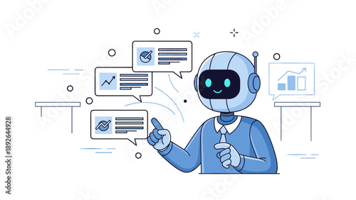 Smiling robot analyzing data charts with speech bubbles and graphs