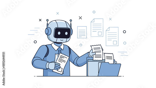 Robot sorting documents: futuristic ai organizing papers in office environment