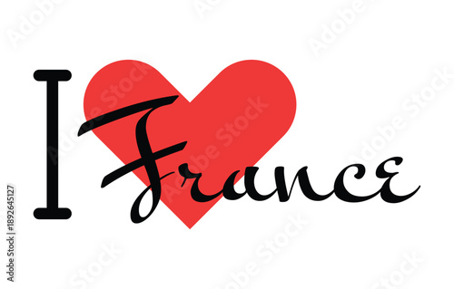 I love France. Hand drawn letters with red heart. Vector illustration, lettering in modern design