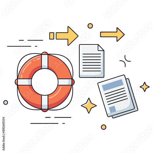 Office documents and life buoy symbolizing business security and guidance
