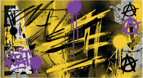 Yellow Punk Rock Grunge Background with Safety Pins and Anarchy Symbols