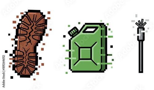 Pixelated boot print with jerry can and spark plug icon