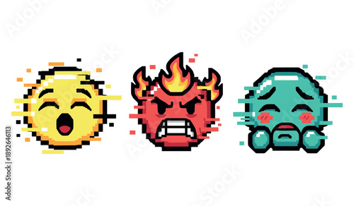 Pixel art emojis: laughing, angry, and crying faces with glitch effect