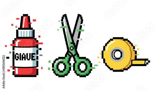 Pixel art glue bottle, scissors, and tape in vibrant colors