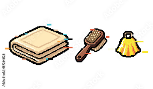 Pixel art style cleaning items: towel, brush, and duster